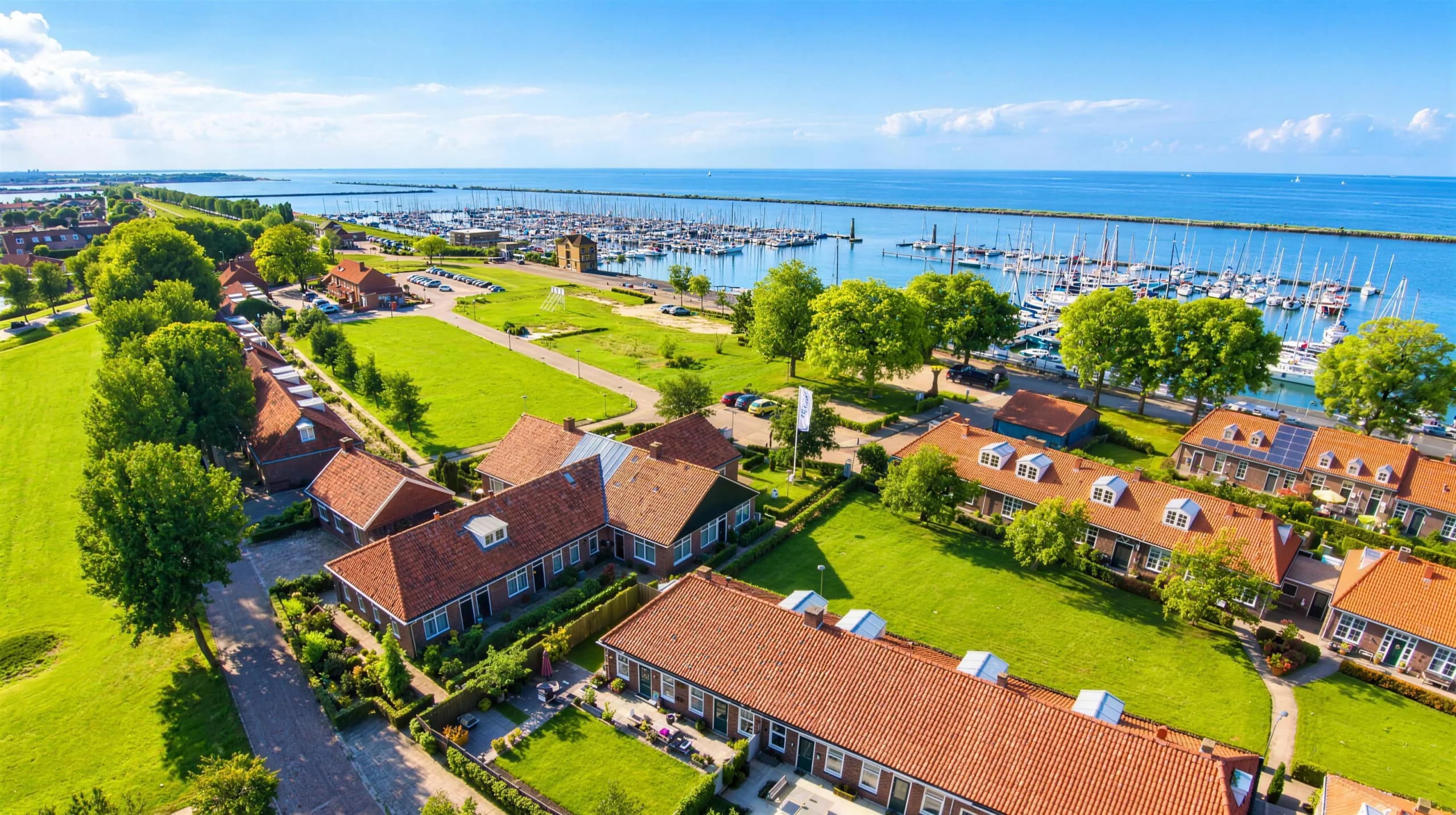 Aerial view of Hotel de Lange Jammer with the marina and the Markermeer behind it