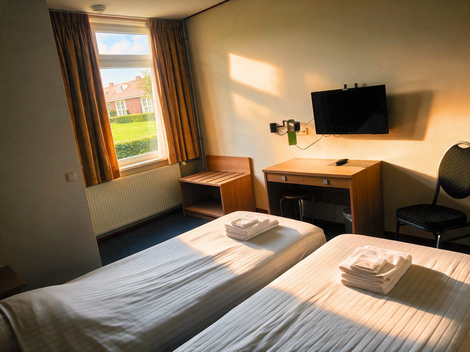 Kamer met daglicht uit het raam, een bureau en een tv aan de muur