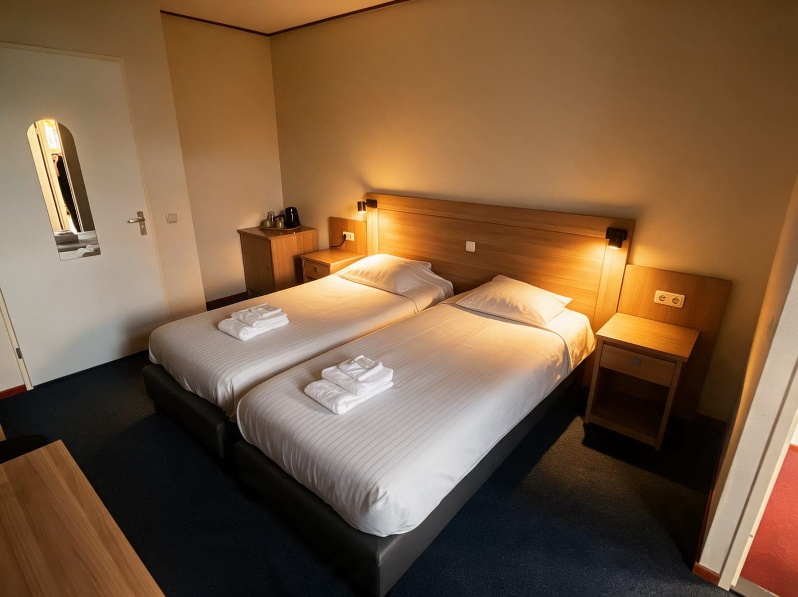 Tweepersoonskamer met twee eenpersoonsbedden, een houten hoofdbord met leeslampjes en nachtkastjes
